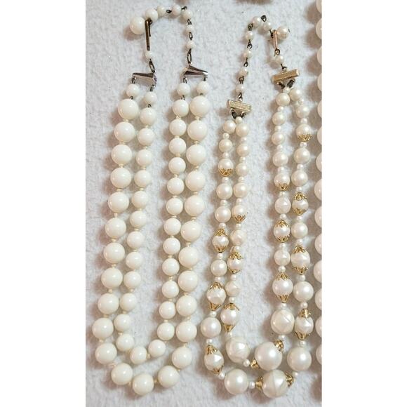 Vtg Costume Jewelry Lot White Beaded Necklaces Clip On Earrings W Germany Japan - Picture 5 of 9
